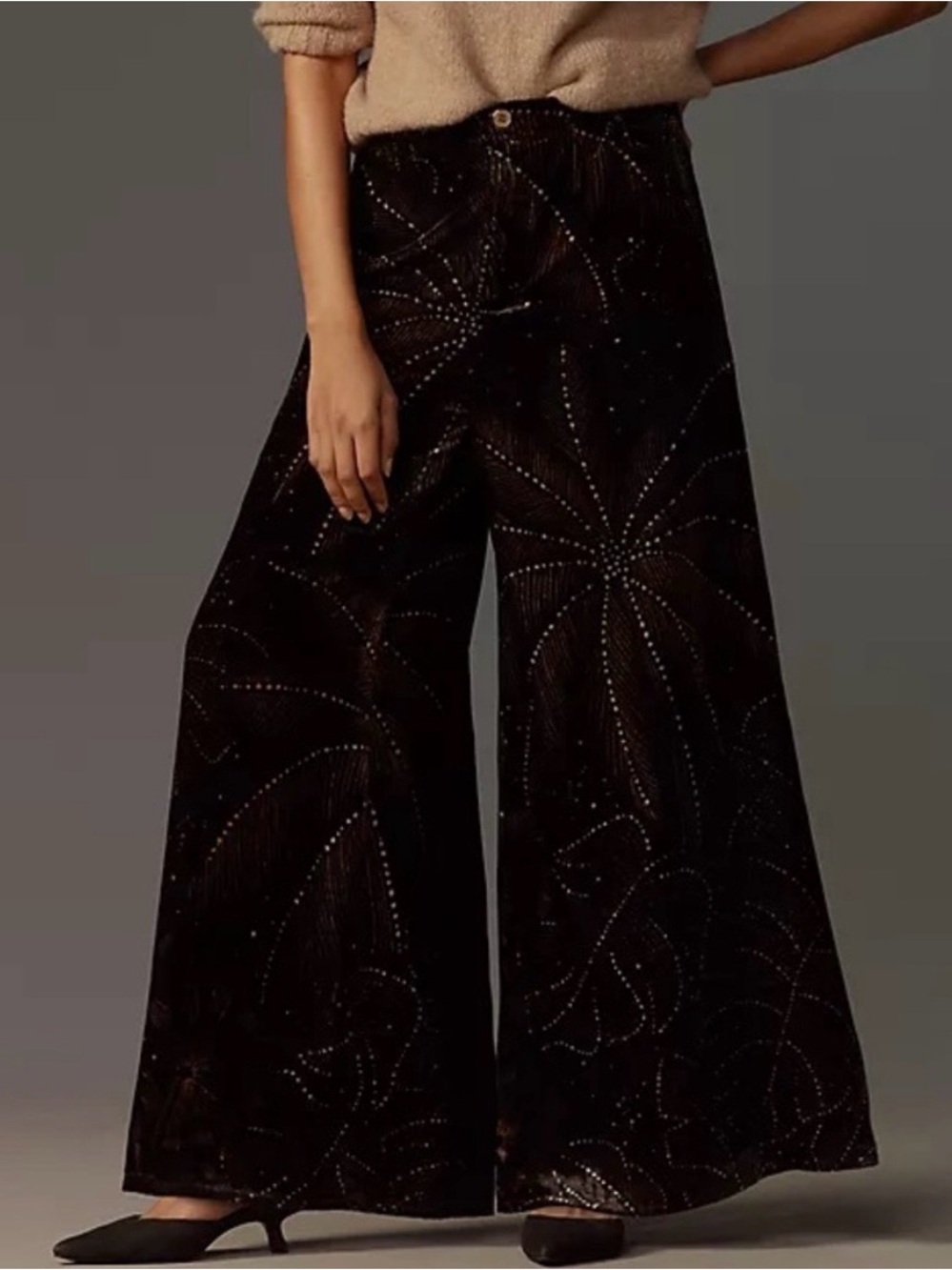 Wide-Leg Velvet Studded Palazzo Pants - Black